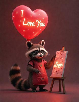 The primary subject of the image is a cartoon raccoon holding a paintbrush and standing in front of a heart-shaped balloon. The setting is a painting studio, and the visual style is digital art. The colors and mood are bright and cheerful, with the red and white colors of the raccoon and balloon creating a warm and inviting atmosphere.