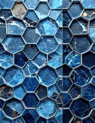 The primary subject of the image is a blue and black marble wall with a unique pattern. The setting is a room with a blue and black marble wall, which serves as the background. The visual style of the image is a close-up of the marble wall, showcasing its intricate pattern. The dominant colors in the image are blue and black, creating a sophisticated and elegant atmosphere.