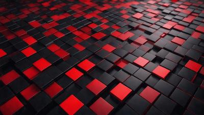 The primary subject of the image is a close-up of a red square, which is part of a larger pattern of red squares. The setting is a black background, which contrasts with the red squares. The visual style is a close-up of a pattern, and the colors and mood are predominantly red, creating a bold and vibrant atmosphere.