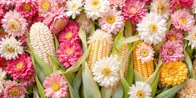 The primary subject of the image is a bouquet of flowers, predominantly pink and white, with some yellow and green accents. The flowers are arranged in a vase, creating a visually appealing display. The setting is a garden, with the flowers placed in a field, adding to the natural and serene atmosphere. The visual style of the image is a close-up of the flowers, showcasing their beauty and details. The colors and mood of the image are predominantly warm and inviting, with