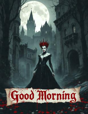 Good Morning: A woman in a black dress with a red crown on her head, standing in front of a castle.