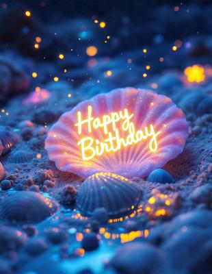 The primary subject of the image is a birthday card with a shell design. The card is illuminated by a blue light, giving it a unique and festive appearance. The setting is a beach, with sand visible in the background. The visual style is a combination of digital art and illustration, creating a vibrant and eye-catching design. The colors and mood of the image are predominantly blue and celebratory, reflecting the joyous nature of a birthday celebration.
