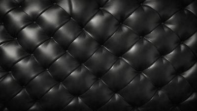 The primary subject of the image is a black leather couch. The setting is a room with a black background, which creates a contrast with the couch. The visual style is a close-up of the couch, showcasing its texture and design. The colors and mood of the image are predominantly black, giving it a sleek and modern appearance.