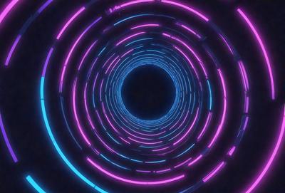The primary subject of the image is a tunnel with a brightly colored, neon-lit interior. The tunnel appears to be a part of a futuristic setting, possibly a space station or a high-tech facility. The visual style of the image is a combination of photo and digital art, creating a unique and captivating atmosphere. The dominant colors in the image are pink and blue, which contribute to the futuristic and vibrant mood of the scene.