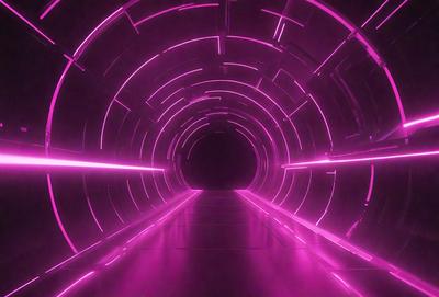 The primary subject of the image is a tunnel with a pink lighting effect. The tunnel appears to be a part of a futuristic setting, possibly a space station or a futuristic city. The visual style of the image is a combination of photo and digital art, creating a unique and captivating atmosphere. The dominant colors in the image are pink and purple, giving the scene a futuristic and surreal feel.