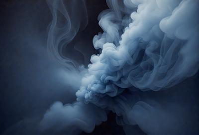 The primary subject of the image is a large, dark cloud with a blue hue. The setting is a dark, cloudy sky, and the visual style is a painting or drawing. The colors and mood of the image are dark and moody, with the cloudy sky and the blue hue of the cloud creating a dramatic atmosphere.