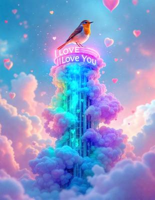 The primary subject of the image is a bird perched on top of a tall, colorful tower. The tower is adorned with hearts, and the bird is surrounded by a vibrant, pink and blue sky. The setting appears to be a whimsical, imaginative environment, possibly a digital art or illustration. The overall atmosphere is cheerful and playful, with the hearts and the bird's presence adding a sense of warmth and joy to the scene.