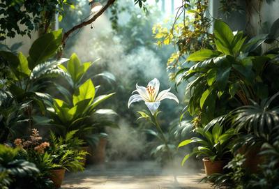 The primary subject of the image is a white flower, likely a lily, standing in a pot. The setting is a garden, with the flower surrounded by green plants and a path. The visual style is a photo, capturing the beauty of the flower in its natural environment. The colors and mood of the image are serene and peaceful, with the white flower as the focal point.