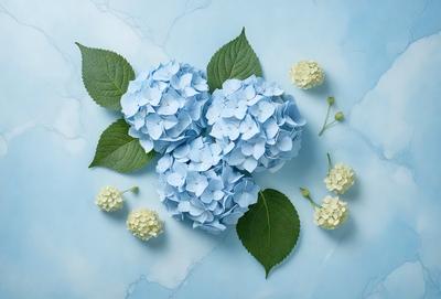 The primary subject of the image is a heart-shaped arrangement of blue and white flowers, likely hydrangeas, placed on a blue marble surface. The setting is a blue marble countertop, and the visual style appears to be a close-up of the flowers. The colors and mood of the image are predominantly blue and white, creating a serene and elegant atmosphere.