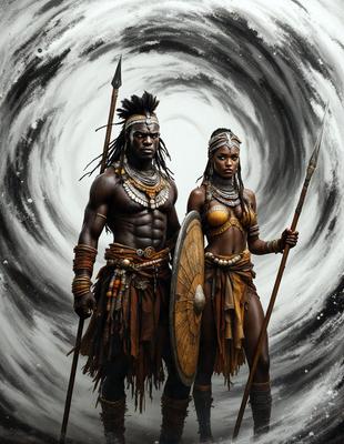 The primary subject of the image is a man and a woman, both dressed in African-inspired clothing, standing together in a painting. The setting appears to be a black and white painting, giving it a classic and timeless feel. The visual style suggests that the image is a painting, rather than a photograph or digital art. The dominant colors in the painting are black and white, creating a strong contrast and emphasizing the subjects' features. The overall atmosphere of the painting is one of elegance and cultural significance.