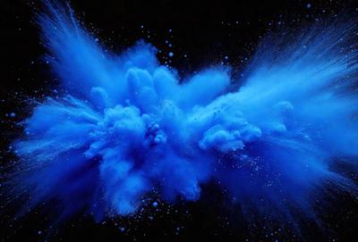 The primary subject of the image is a blue cloud of paint or powder, which is the main focus of the scene. The setting is a black background, which contrasts with the blue cloud. The visual style appears to be a digital art or illustration, as the cloud is depicted in a detailed and artistic manner. The dominant colors in the image are blue and black, creating a dramatic and striking atmosphere.