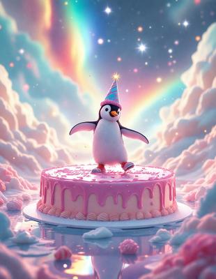 The primary subject of the image is a penguin standing on a pink cake. The setting is a whimsical, colorful environment with a cloudy background. The visual style is a digital art or illustration, creating a playful and imaginative atmosphere. The dominant colors are pink and white, with the pink cake and the penguin's black and white coloring. The overall mood is light-hearted and fun.