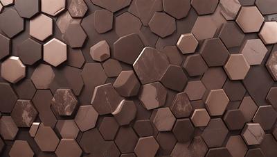 The primary subject of the image is a close-up of a brown, textured surface with a pattern of hexagonal shapes. The setting appears to be a wall or a textured surface, possibly made of stone or brick. The visual style of the image is a close-up, which emphasizes the intricate details of the hexagonal pattern. The colors and mood of the image are warm and earthy, with the brown tones of the textured surface creating a sense of depth and texture.