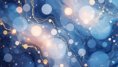 The primary subject of the image is a blue background with a pattern of gold stars. The setting appears to be a space or an abstract environment. The visual style is a combination of digital art and illustration, creating a unique and captivating scene. The dominant colors are blue and gold, giving the image a calm and serene atmosphere.