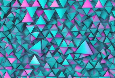The primary subject of the image is a large number of triangles, which are arranged in a pattern. The setting is a blue and purple background, creating a vibrant and colorful atmosphere. The visual style is a combination of digital art and illustration, with the triangles appearing to be made of paper. The colors and mood of the image are lively and energetic, with the blue and purple hues adding a sense of depth and dimension to the scene.