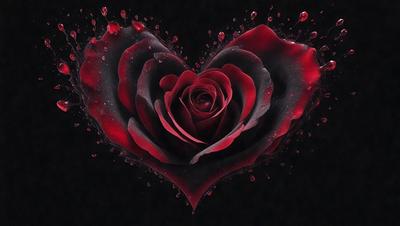The primary subject of the image is a red rose. The rose is depicted in a heart shape, with water droplets surrounding it. The setting is a dark background, which adds a dramatic effect to the image. The visual style is a combination of a photo and digital art, creating a unique and artistic representation of the rose. The dominant colors are red and black, giving the image a bold and striking appearance.