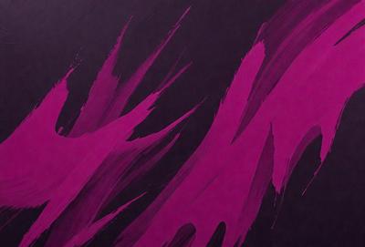 The primary subject of the image is a purple painting with a lot of drips and splatters. The setting is a black background, which contrasts with the purple painting. The visual style appears to be a painting or a digital artwork, as it has a textured and artistic appearance. The colors and mood of the painting are predominantly purple, creating a moody and dramatic atmosphere.