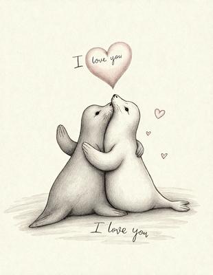 The image features two cute baby seals hugging each other. The scene is set on a white surface, which adds a clean and simple appearance to the image. The visual style is a combination of digital art and illustration, creating a heartwarming and adorable scene. The primary subject is the two baby seals, and the colors and mood are predominantly white and warm, evoking feelings of love and affection.