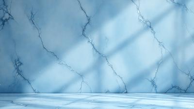 The primary subject of the image is a marble wall with a blue tint. The setting is a room with a blue tiled floor. The visual style is a photo, and the colors and mood are predominantly blue, creating a calm and serene atmosphere.