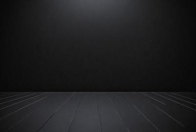 The primary subject of the image is a black background with a wooden floor. The setting is a dark room, and the visual style is a black and white photo. The colors and mood of the image are predominantly dark and moody, with the black background and wooden floor creating a dramatic and intense atmosphere.