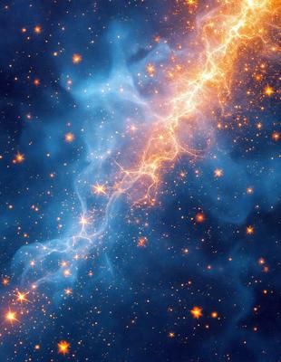 The primary subject of the image is a brightly lit, colorful nebula. The setting is a dark, star-filled sky, with the nebula being the main focus of the image. The visual style is a combination of a photo and digital art, creating a vibrant and captivating scene. The colors and mood of the image are predominantly blue and orange, with the blue nebula contrasting against the orange background, creating a sense of depth and beauty.