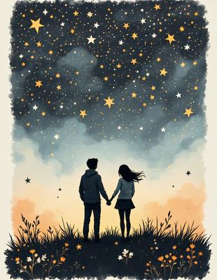 The primary subject of the image is a man and a woman standing together in a field at night. They are holding hands, and the woman is wearing a dress. The setting is a grassy field with a night sky in the background. The visual style is a combination of digital art and illustration, creating a warm and romantic atmosphere. The colors are predominantly dark, with the night sky and the couple's clothing being the main sources of light.