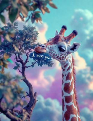 The primary subject of the image is a giraffe, which is the main focus of the scene. The giraffe is standing next to a tree, with its head close to the tree. The setting is a colorful, artistic environment, possibly a digital art or illustration. The visual style is vibrant and creative, with a mix of colors and patterns. The overall atmosphere is lively and engaging, with a sense of whimsy and playfulness.