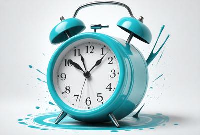 The primary subject of the image is a blue alarm clock. The setting is a white background, and the visual style is a digital art illustration. The colors and mood of the image are predominantly blue, creating a calm and soothing atmosphere.