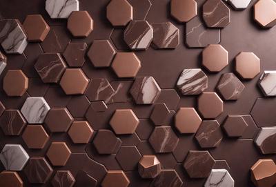 The primary subject of the image is a close-up of a marble tile pattern. The setting is a wall with a pattern of hexagonal tiles. The visual style is a close-up of the tiles, showcasing the intricate design. The colors and mood of the image are predominantly brown and earthy, giving it a natural and elegant appearance.