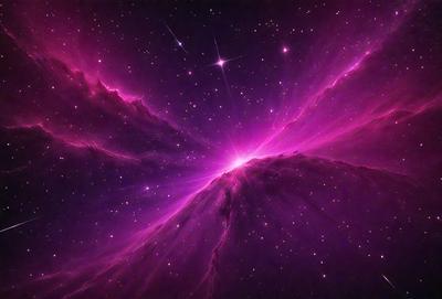 The primary subject of the image is a purple nebula, which is a large, bright, and colorful celestial object. The setting is a dark, star-filled sky, with the nebula being the main focus of the image. The visual style is a combination of a photo and digital art, creating a unique and captivating representation of the nebula. The colors and mood of the image are predominantly purple, which adds to the overall atmosphere and beauty of the scene.