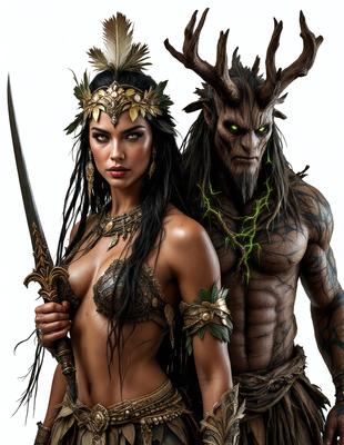 The primary subject of the image is a woman wearing a gold headdress and a man with horns and a green plant on his head. They are standing next to each other, possibly in a fantasy or mythical setting. The visual style of the image is digital art, with the woman and man depicted in a detailed and realistic manner. The colors and mood of the image are vibrant and lively, with the gold headdress and green plant adding a touch of magic and wonder to the scene.