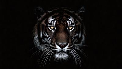 The primary subject of the image is a close-up of a tiger's face. The tiger's eyes are yellow, and its mouth is open. The setting is a dark background, which emphasizes the tiger's features. The visual style is a black and white photo, giving the image a classic and timeless appearance. The colors and mood of the image are dramatic and intense, as the tiger's face is the main focus and the contrast between the tiger's features and the dark