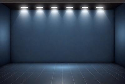 The primary subject of the image is a large, empty room with a blue wall. The setting is a darkened room with a blue backdrop, and the visual style is a black and white photo. The colors and mood of the image are predominantly dark and moody, with the blue wall and the overall atmosphere creating a sense of emptiness and solitude.