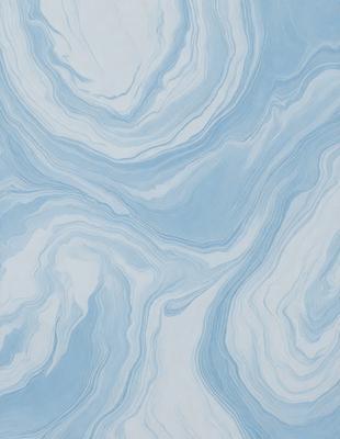 The primary subject of the image is a blue and white marbled wallpaper. The setting is a room with a blue and white marbled wallpapered wall. The visual style is a painting, and the colors and mood are predominantly blue and white, creating a calm and serene atmosphere.