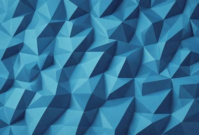 The primary subject of the image is a blue wall with a geometric pattern. The setting is a room with a blue wall, and the visual style is a digital art or illustration. The dominant colors are blue and white, creating a calm and soothing atmosphere.