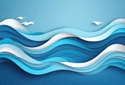 The primary subject of the image is a wave, which is depicted as a blue and white pattern. The setting is a blue background, and the visual style appears to be a combination of digital art and illustration. The colors and mood of the image are predominantly blue and white, creating a calm and serene atmosphere.