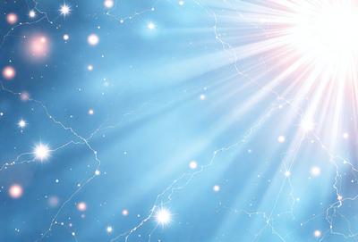 The primary subject of the image is a bright, shining light, which appears to be a sun or a light source. The setting is a blue, star-filled sky, creating a sense of depth and space. The visual style is a combination of a photo and digital art, as the light source is depicted in a realistic manner, while the background features a pattern of stars. The colors and mood of the image are predominantly blue and bright, with a sense of wonder and awe.
