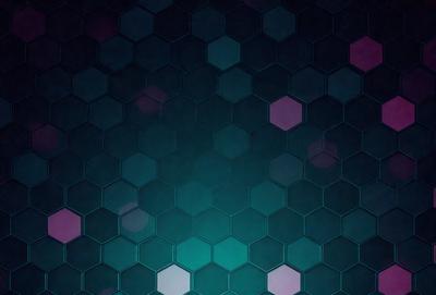The primary subject of the image is a close-up of a blue and purple hexagonal pattern. The setting is a dark blue background, which contrasts with the bright colors of the hexagons. The visual style appears to be a digital art or illustration, as the hexagons are intricately detailed and the overall atmosphere is vibrant and lively.