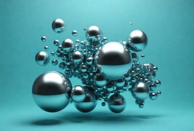 The primary subject of the image is a collection of silver and blue spheres floating in a blue background. The setting appears to be a futuristic or abstract environment, with the spheres seemingly suspended in mid-air. The visual style of the image is a combination of photo and digital art, creating a unique and captivating scene. The dominant colors in the image are silver and blue, giving the overall atmosphere a sense of calmness and sophistication.