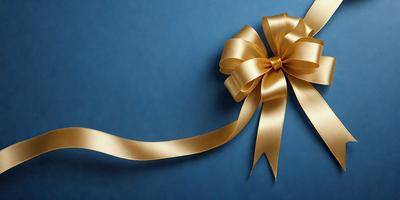 The primary subject of the image is a gold bow, which is prominently displayed on a blue background. The visual style of the image is a close-up of the bow, showcasing its details and texture. The colors and mood of the image are predominantly blue and gold, creating a sense of elegance and sophistication.