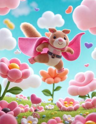 The primary subject of the image is a stuffed animal, specifically a teddy bear, which is flying through the air. The setting is a field of flowers, with a variety of pink and white flowers scattered throughout the scene. The visual style is a combination of digital art and illustration, creating a whimsical and playful atmosphere. The colors and mood are predominantly pink and white, giving the scene a cheerful and lighthearted feel.
