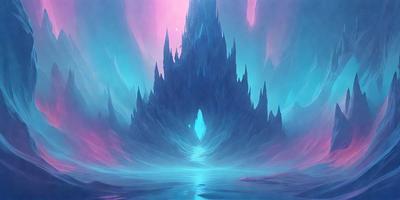 The primary subject of the image is a large, blue, and purple castle with a blue and purple sky in the background. The setting appears to be a fantasy world, and the visual style is a digital art or illustration. The dominant colors in the image are blue and purple, creating a serene and magical atmosphere.