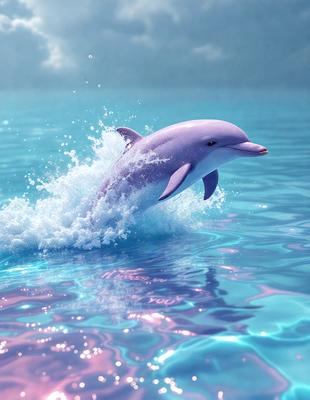 The primary subject of the image is a pink dolphin, which is the main focus of the scene. The dolphin is swimming in a body of water, which serves as the setting or background. The visual style of the image is a photo, capturing the dolphin in its natural habitat. The colors and mood of the image are predominantly pink, creating a serene and calming atmosphere.