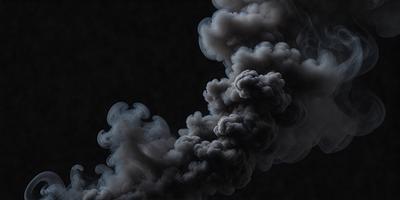 The primary subject of the image is a large, dark cloud of smoke or fog. The setting is a dark, cloudy sky, and the visual style appears to be a black and white photo. The colors and mood of the image are predominantly dark and moody, with the smoke or fog creating a dramatic and ominous atmosphere.
