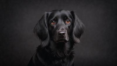 The primary subject of the image is a black dog with a shaggy coat. The dog is looking directly at the camera, and its eyes are open. The setting is a dark background, which contrasts with the dog's fur. The visual style is a close-up of the dog's face, emphasizing its features and expression. The colors in the image are predominantly black and white, giving the photo a dramatic and moody atmosphere.