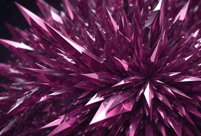 The primary subject of the image is a large, purple, crystal-like structure with many facets and angles. The setting is a dark background, which contrasts with the bright purple color of the crystal. The visual style appears to be a combination of digital art and illustration, creating a unique and intriguing appearance. The colors and mood of the image are predominantly purple, giving it a mysterious and captivating atmosphere.