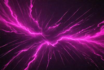 The primary subject of the image is a bright pink light, which appears to be a neon light or a purple lightning bolt. The light is illuminating the dark background, creating a striking contrast. The setting is a dark room, and the visual style is a close-up of the light source. The colors and mood of the image are predominantly pink and vibrant, creating a lively and energetic atmosphere.