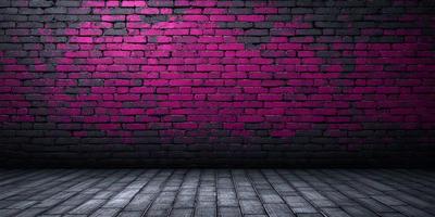 The primary subject of the image is a brick wall with a pinkish hue. The setting is a room with a wooden floor. The visual style is a black and white photo. The dominant colors are pink and black, creating a moody atmosphere.