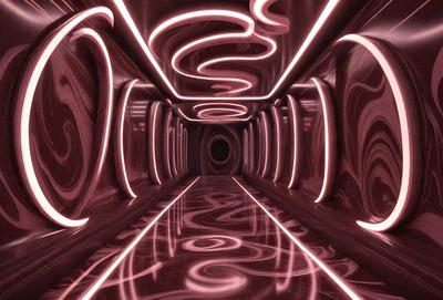 The primary subject of the image is a long, narrow hallway with a red color scheme. The setting is a futuristic environment, possibly a space station or a futuristic building. The visual style is a combination of photo and digital art, creating a unique and intriguing atmosphere. The dominant colors are red and pink, giving the hallway a bold and striking appearance.