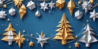 The primary subject of the image is a collection of paper snowflakes and Christmas trees. These decorations are arranged in various shapes and sizes, creating a festive and colorful display. The setting is a blue background, which adds to the overall atmosphere of the scene. The visual style of the image is a combination of digital art and illustration, showcasing the intricate details of the paper snowflakes and trees. The colors and mood of the image are predominantly warm and cheerful, reflecting the joy
